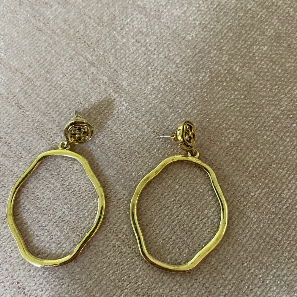 Gracewear brand large dangle medallion earrings, gold